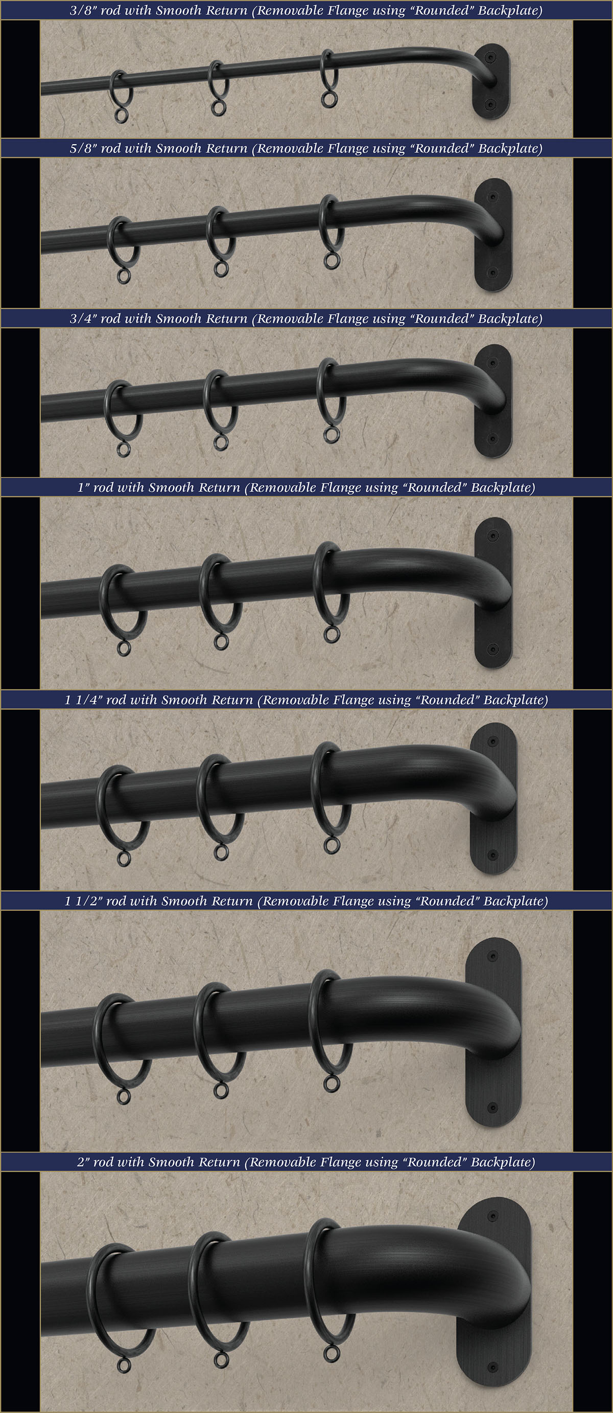 Smooth French return curtain rods with rounded backplates